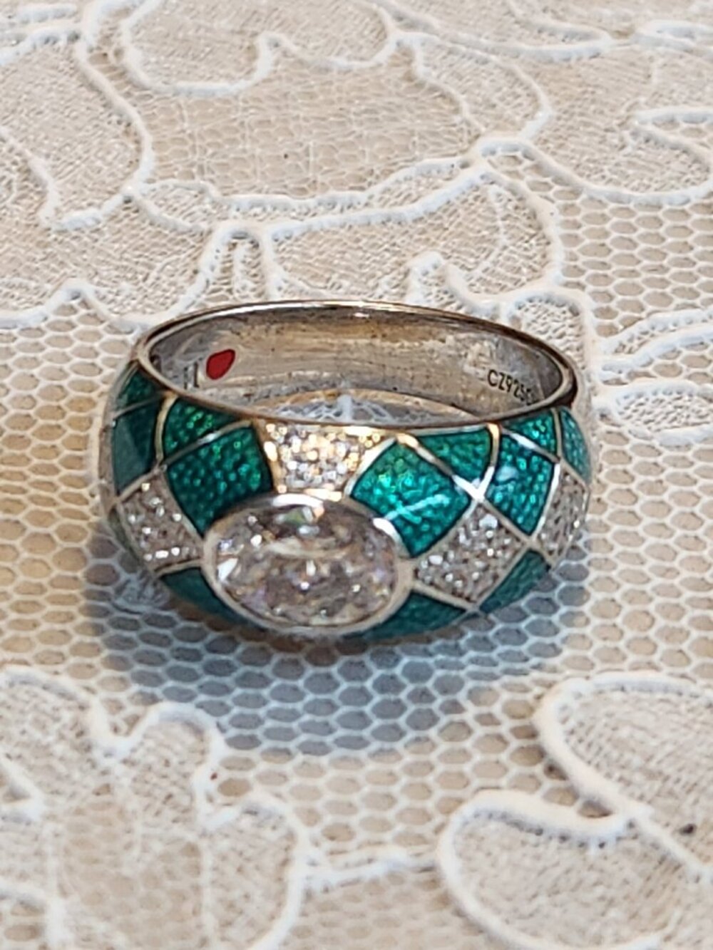 Hidalgo Diamonique Oval Cut CZ Green Enamel Ring 925 Size 9 - geometric pattern! - Picture 2 of 14